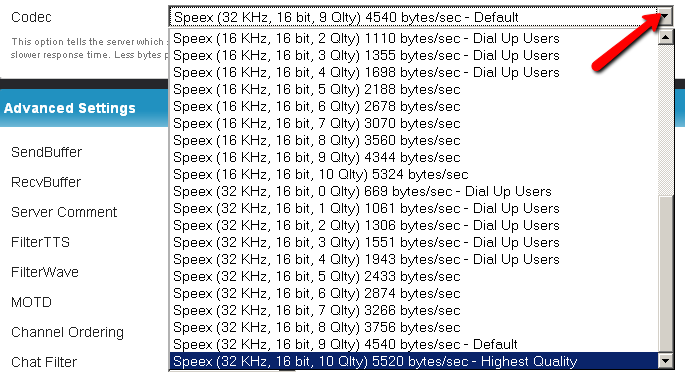 control panel change server codec