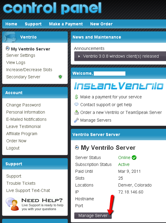 control panel manage server